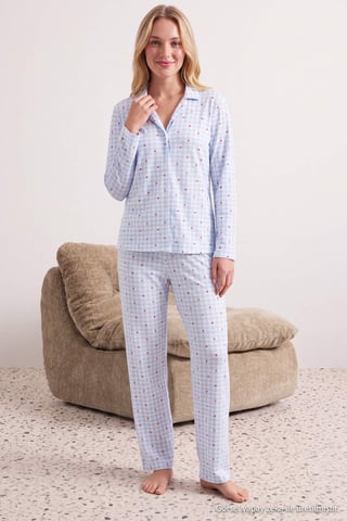 TRENDYOLMİLLA Women's 2 Pack Blue Graphic Long Regular fit Pajama Sets