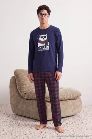 TRENDYOL MAN Men's Dark blue Plaid Long Regular fit Pajama Sets
