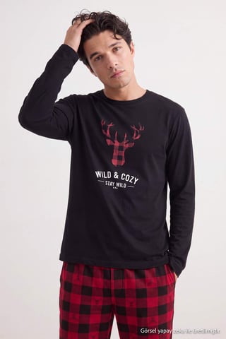 TRENDYOL MAN Men's Black Plaid Long Regular fit Pajama Sets