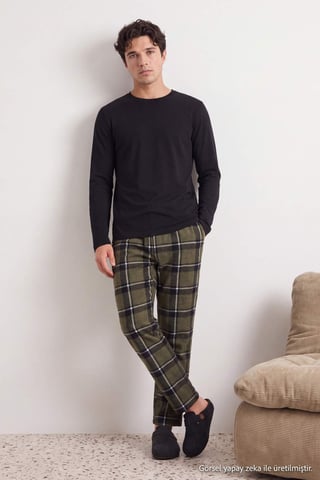 TRENDYOL MAN Men's Black Plaid Long Regular fit Pajama Sets