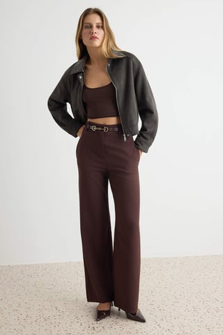 TRENDYOLMİLLA Women's Brown Plain Wide Leg Normal waist Trousers