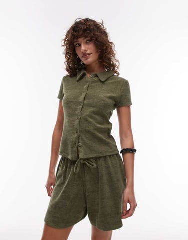 Topshop towelling button through shirt in khaki