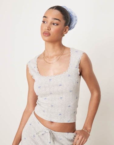 Gina Tricot mix and match pointelle embroidered edge cotton vest with blue bows in grey melange