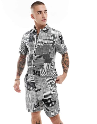 Farah chiltern co-ord short sleeve shirt in black and white archive print
