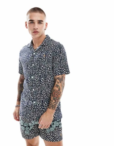 Farah landon co-ord short sleeve revere collared shirt in navy floral print