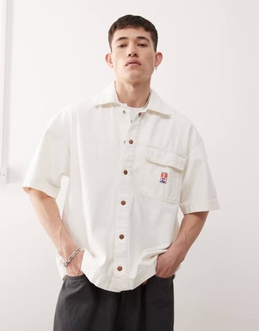 Wrangler Casey Jones workwear short sleeve loose twill overshirt in ecru