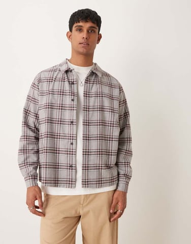 ASOS DESIGN relaxed boxy shirt with brushed check in grey and burgundy