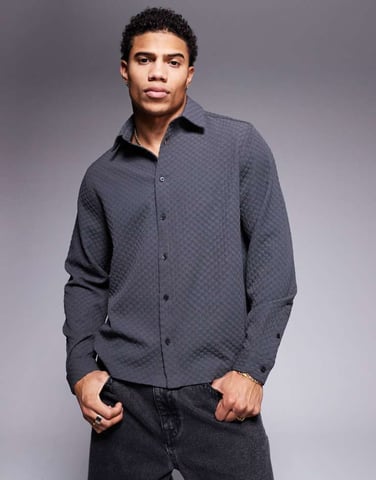 ASOS DESIGN boxy checked regular shirt in charcoal