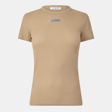 Lacoste Womens/Ladies Ribbed Crew Neck Slim T-Shirt (Beige)