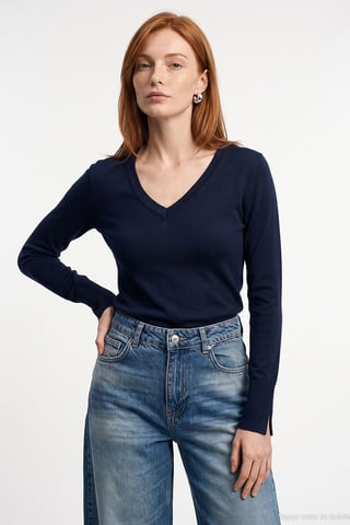Women's V-Neck Knit Sweater With Side Slit