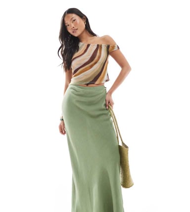 ASOS DESIGN Petite linen blend bias maxi skirt in khaki