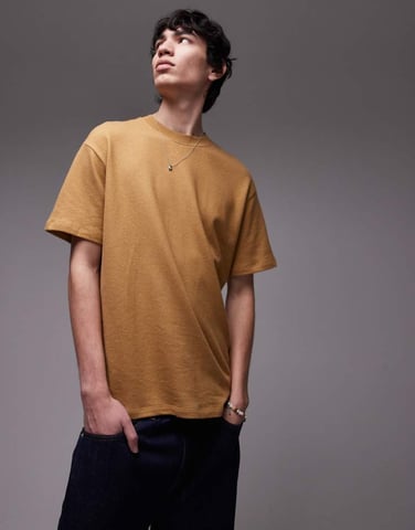 Topman relaxed fit t-shirt with linen blend in mustard