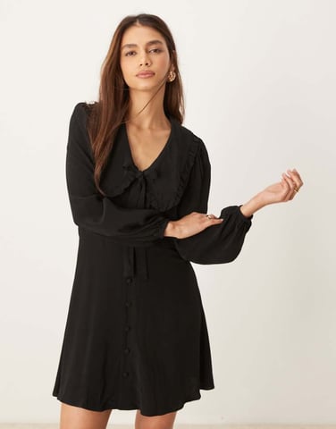 Nobody's Child Ottilie bow detail long sleeve mini dress in black