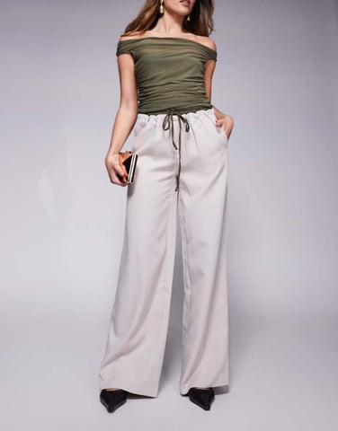 Kaiia exclusive drawstring contrast waistband wide leg trousers in stone
