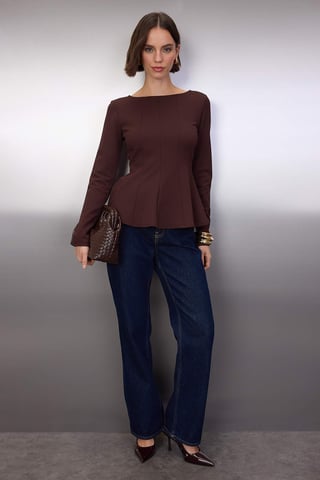 TRENDYOLMİLLA Women's Brown Plain Long Peplum Blouses