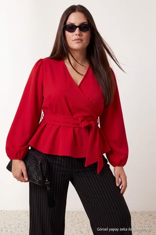 Trendyol Curve Women's Red Plain Long Fitted Plus Size Blouses