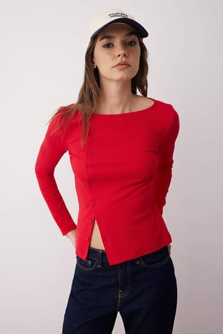 TRENDYOLMİLLA Women's Red Plain Long Fitted Blouses