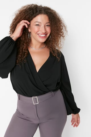 Trendyol Curve Women's Black Plain Long Regular fit Plus Size Blouses