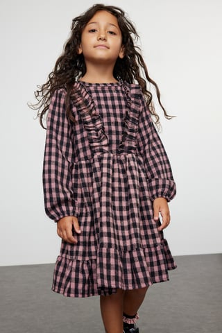 TRENDYOLKIDS Girls Pink Plaid Short / Mini Long Casual Shift Dresses
