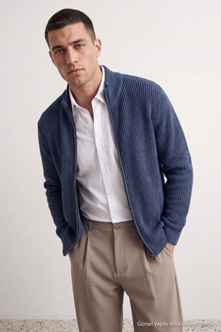 TRENDYOL MAN Men's Blue Plain Long Regular fit Cardigans