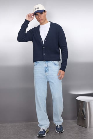 TRENDYOL MAN Men's Dark blue Plain Long Fitted Cardigans