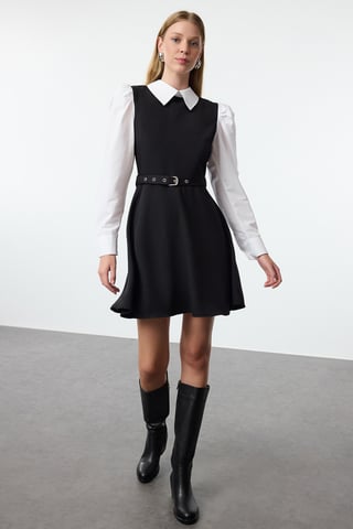 TRENDYOLMİLLA Women's Black Color block Short / Mini Long Evening / Daily Skater Dresses