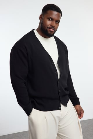 TRENDYOL MAN Men's Black Plain Long Regular fit Plus Size Cardigans