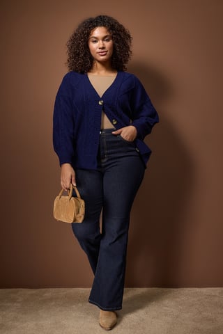 Trendyol Curve Dam Mörkblå Flätstickat Lång Regular fit Plus size Koftor