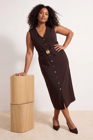 Trendyol Curve Women's Brown Plain Maxi Sleeveless Evening / Daily Bodycon Plus Size Dress