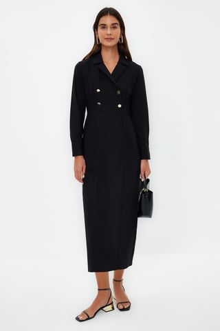 Trendyol Modest Women's Black Plain Maxi Three-Quarter Sleeve Casual Double-breasted Modest Dresses