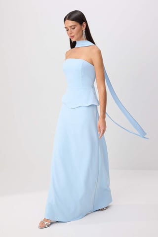 TRENDYOLMİLLA Women's Blue Plain Maxi Sleeveless Mermaid Evening & Prom Dress