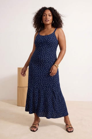 Trendyol Curve Women's Dark blue Polka dot Maxi Sleeveless Casual Mermaid Plus Size Dress