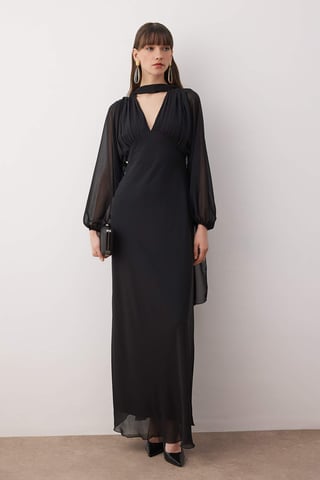 TRENDYOLMİLLA Women's Black Plain Maxi Long Cocktail A-line Evening & Prom Dress