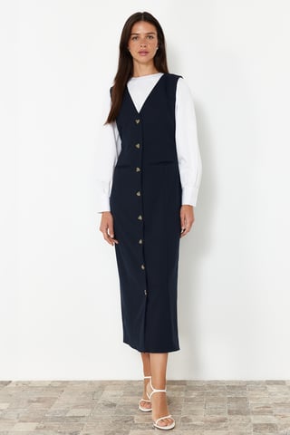 Trendyol Modest Women's Dark blue Plain Maxi Long Casual Gilet Modest Dresses