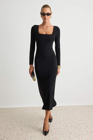 TRENDYOLMİLLA Women's Black Plain Maxi Long Evening / Daily Bodycon Dresses