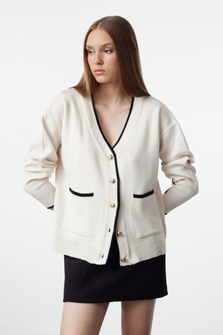TRENDYOLMİLLA Women's Ecru Color block Long Oversize Cardigans