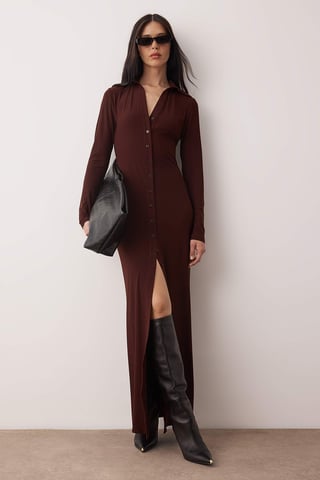 TRENDYOLMİLLA Women's Brown Plain Maxi Long Casual Bodycon Dresses
