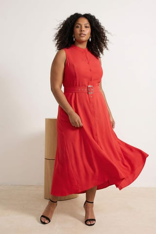 Trendyol Curve Women's Red Plain Maxi Sleeveless Casual Shirt dress Plus Size Dress
