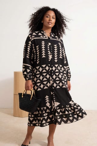 Trendyol Curve Women's Black Geometric pattern Maxi Long Casual Shirt dress Plus Size Dress