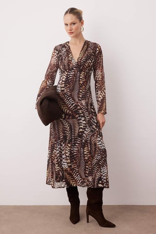 TRENDYOLMİLLA Women's Brown Paisley Maxi Long Evening / Daily A-line Dresses