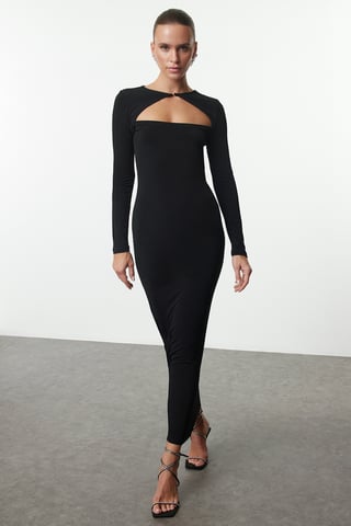 TRENDYOLMİLLA Women's Black Plain Maxi Long Stylish/Night Bodycon Dresses