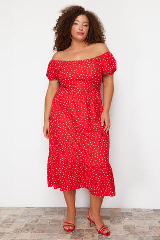 Trendyol Curve Women's Red Floral Maxi Short Stylish/Night A-line Plus Size Dress