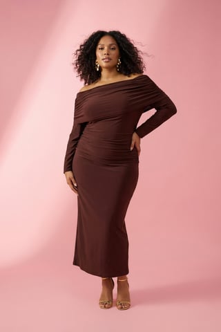 Trendyol Curve Women's Brown Plain Maxi Long Stylish/Night A-line Plus Size Dress