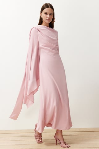 Trendyol Modest Women's Pink Plain Maxi Long Stylish/Night Shift Modest Evening Dresses