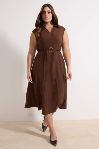 Trendyol Curve Women's Brown Plain Maxi Sleeveless Casual Shift Plus Size Dress