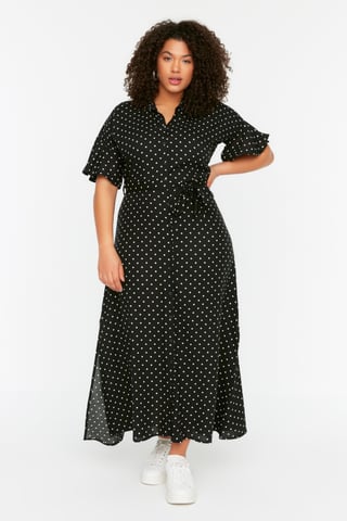Trendyol Curve Women's Black Polka dot Maxi Short Casual A-line Plus Size Dress