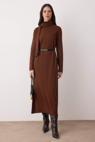 Trendyol Modest Women's Brown Plain Maxi Long Casual Shift Modest Dresses