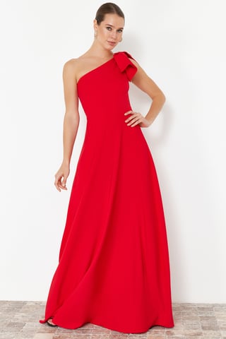 TRENDYOLMİLLA Women's Red Plain Maxi Sleeveless Graduation / Prom A-line Evening & Prom Dress