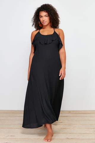 Trendyol Curve Women's Black Plain Maxi Sleeveless Beachwear A-line Plus Size Dress
