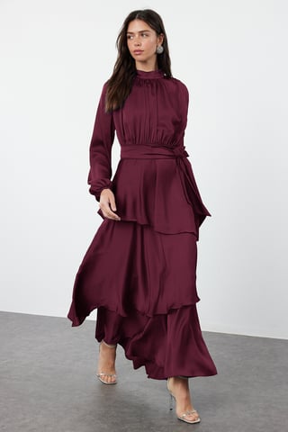 Trendyol Modest Women's Brown Plain Maxi Long Stylish/Night Skater Modest Evening Dresses